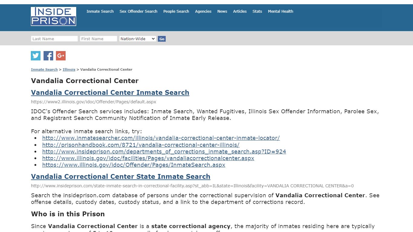 Vandalia Correctional Center - Illinois - Inmate Search